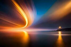 a long exposure photograph of a lighthouse and a light trail. AI-Generated photo