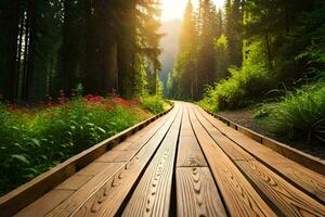 wooden path in the forest at sunset. AI-Generated photo