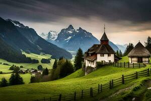 un Iglesia en el montañas con un herboso campo. generado por ai foto