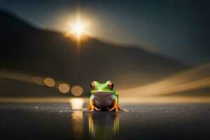 a frog sitting on the ground at night. AI-Generated photo