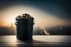 a bucket of gold coins on a wooden table. AI-Generated photo