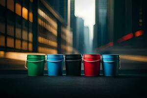 five colorful buckets on a street in front of a city. AI-Generated photo