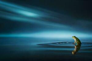 a frog standing on the edge of a lake in the dark. AI-Generated photo