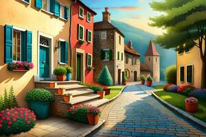 an illustration of a street in a village. AI-Generated photo