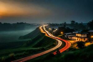 a long exposure photograph of a road at sunset. AI-Generated photo