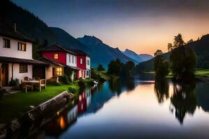 photo wallpaper the sky, mountains, water, house, lake, the mountains, the lake,. AI-Generated