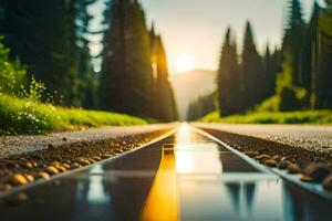 un la carretera con un tren pista en el medio de él. generado por ai foto