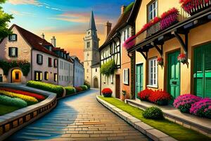 an illustration of a street in a european town. AI-Generated photo