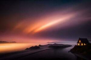 un casa en el playa a noche con un brillante ligero. generado por ai foto