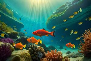 the sun shines over a coral reef with fish and corals. AI-Generated photo