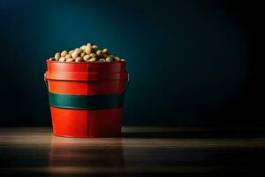 a bucket of peanuts on a table. AI-Generated photo