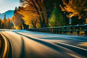 un coche conducción en un la carretera en el caer. generado por ai foto