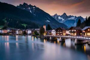 foto fondo de pantalla el cielo, montañas, agua, casas, lago, ciudad, puente, montañas,. generado por ai