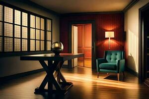 a room with a table and chair in it. AI-Generated photo