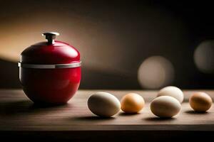 a red egg and some eggs on a table. AI-Generated photo