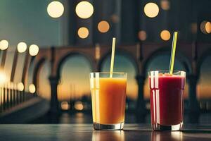 two glasses of orange juice with straws on a table. AI-Generated photo