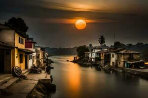 the sun sets over a river in a village. AI-Generated photo