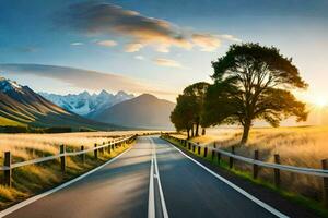 a road with trees and mountains in the background. AI-Generated photo