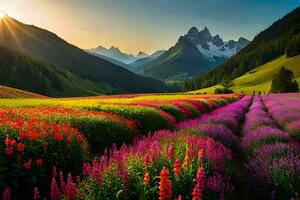 a beautiful field of flowers with mountains in the background. AI-Generated photo