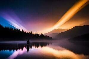 a man is standing on a lake with a rainbow light trail. AI-Generated photo