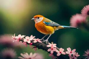 a colorful bird sits on a branch with pink flowers. AI-Generated photo