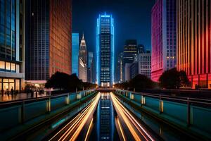 un ciudad a noche con un largo exposición foto de un ciudad. generado por ai