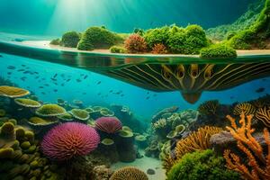 an underwater scene with coral reefs and an island. AI-Generated photo
