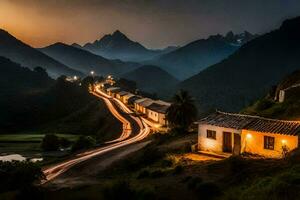 un la carretera en el montañas a noche con luces en el casas generado por ai foto