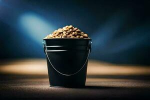 a bucket filled with peanuts on a dark background. AI-Generated photo