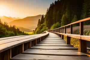 a wooden walkway leads to the sun in the mountains. AI-Generated photo