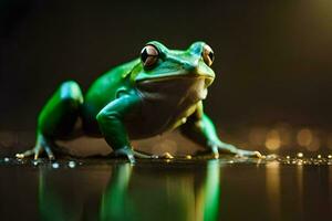 a frog is standing on a wet surface. AI-Generated photo