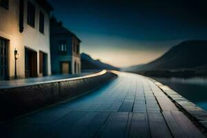 a long exposure photo of a long walkway along a river. AI-Generated