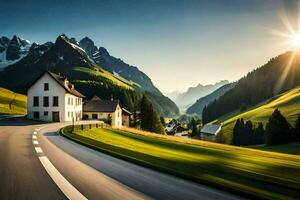 a road in the mountains with a house in the foreground. AI-Generated photo