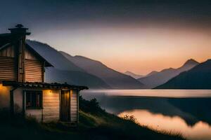 a cabin sits on the shore of a lake at sunset. AI-Generated photo