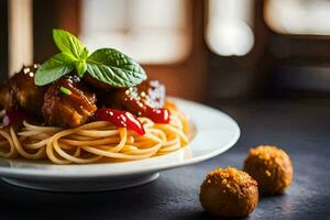 spaghetti with meatballs and sauce on a plate. AI-Generated photo