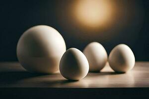 four eggs on a table with a light behind them. AI-Generated photo