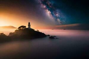 a lighthouse on top of a mountain with a milky in the sky. AI-Generated photo