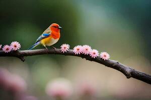 a colorful bird sits on a branch with pink flowers. AI-Generated photo