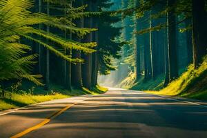 a road in the woods with trees and sun. AI-Generated photo