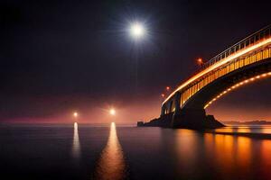 a bridge over the ocean at night with a moon in the sky. AI-Generated photo