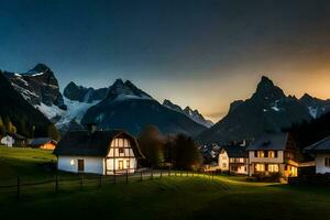photo wallpaper the sky, mountains, house, the moon, the mountains, the village, the. AI-Generated