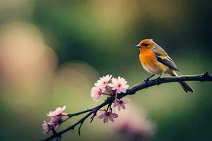 a small bird is sitting on a branch with pink flowers. AI-Generated photo