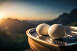 two eggs sit in a bowl on a table with a mountain in the background. AI-Generated photo