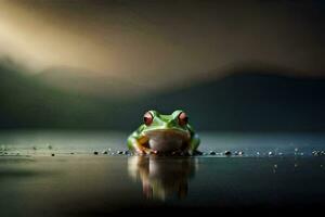 a frog sitting on the water with a dark background. AI-Generated photo