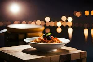 a bowl of pasta on a wooden table with lights in the background. AI-Generated photo