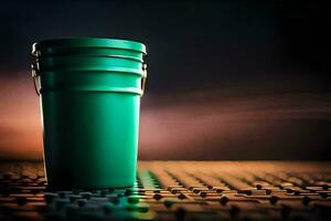 a green bucket sitting on a table. AI-Generated photo
