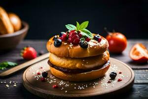 a sandwich with berries and cream on a wooden table. AI-Generated photo