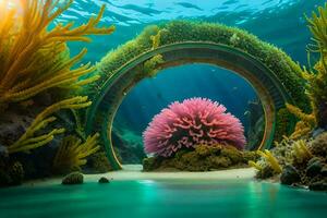 underwater tunnel with coral and an anemone. AI-Generated photo