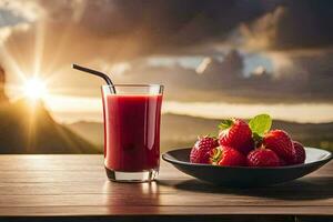 un vaso de jugo y fresas en un mesa. generado por ai foto