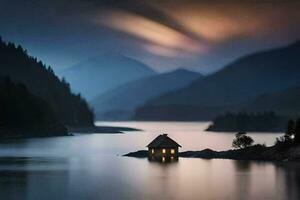 un pequeño casa se sienta en el borde de un lago. generado por ai foto